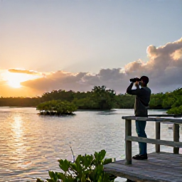 Caribbean Holidays, Antigua Birdwatching, Quiet mangrove wetlands and coastal lagoons in Antigua at sunrise, with a birder using binoculars on a wooden viewing platform