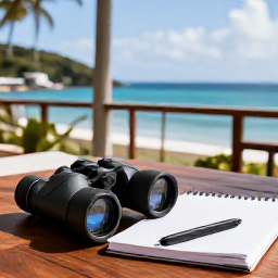 Caribbean Holidays, Antigua Birdwatching, Relaxed Caribbean hotel terrace in Antigua with binoculars, notebook and a view towards the sea