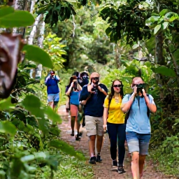 Caribbean Holidays, Antigua Birdwatching, Small guided birdwatching group walking along a quiet trail through Antigua woodland with binoculars