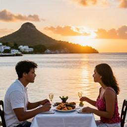 Caribbean Holidays, Antigua Couples Holidays, A couple dining outdoors beside the harbour in Antigua at sunset, with fresh seafood and Caribbean scenery