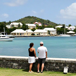 Caribbean Holidays, Antigua Couples Holidays, A couple exploring Nelson's Dockyard in Antigua, historic stone buildings, yachts in the harbour and tropical hills in the background