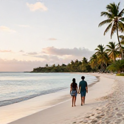 Caribbean Holidays, Antigua Couples Holidays, A couple walking along a quiet white-sand beach in Antigua at sunrise, calm turquoise water and palm trees