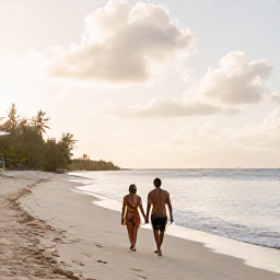 Caribbean Holidays, Antigua Couples Holidays, A couple walking hand in hand along a quiet white-sand beach in Antigua at sunrise