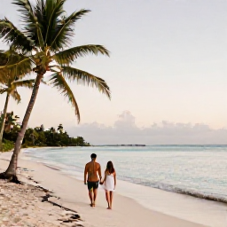 Caribbean Holidays, Antigua Couples Holidays, A couple walking hand in hand along a quiet white-sand beach in Antigua at sunset, calm turquoise sea and gently swaying palms