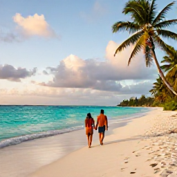 Caribbean Holidays, Antigua Couples Holidays, A couple walking hand in hand along a quiet white-sand beach in Antigua at sunset, turquoise sea and swaying palms