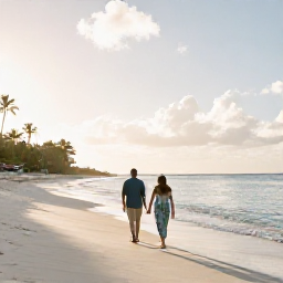 Caribbean Holidays, Antigua Couples Holidays, A couple walking hand in hand along a quiet white-sand beach in Antigua during a warm January morning