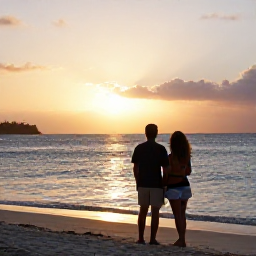 Caribbean Holidays, Antigua Couples Holidays, A couple watching the sunset from an Antigua beach with warm golden light over the Caribbean Sea