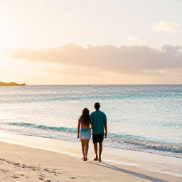 Caribbean Holidays, Antigua Couples Holidays, A relaxed couple walking along a quiet white-sand beach in Antigua at sunrise, calm turquoise sea and gentle morning light