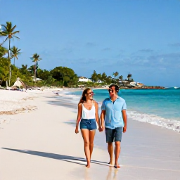 Caribbean Holidays, Antigua Couples Holidays, A relaxed couple walking along a quiet white-sand beach in Antigua during warm March sunshine