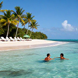 Caribbean Holidays, Antigua Couples Holidays, A secluded Antiguan beach with clear shallow water, loungers beneath palm trees and a couple enjoying a peaceful swim