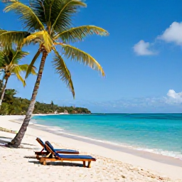Caribbean Holidays, Antigua Couples Holidays, A secluded Caribbean beach in Antigua with turquoise water, palm trees and two sun loungers