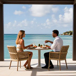 Caribbean Holidays, Antigua Couples Holidays, A stylish Antigua resort terrace with a couple enjoying breakfast overlooking a calm blue sea