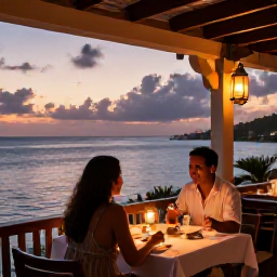 Caribbean Holidays, Antigua Couples Holidays, An intimate open-air restaurant in Antigua overlooking the sea, a couple dining at sunset with warm lantern light