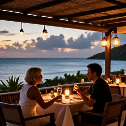 Caribbean Holidays, Antigua Couples Holidays, Couple dining at an elegant open-air restaurant in Antigua at sunset, warm lantern light, sea view and relaxed atmosphere