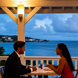 Caribbean Holidays, Antigua Couples Holidays, Couple dining at an open-air restaurant overlooking English Harbour in Antigua, tropical evening setting