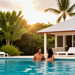 Caribbean Holidays, Antigua Couples Holidays, Couple enjoying a romantic Antigua resort with tropical gardens, swimming pool and warm May sunshine