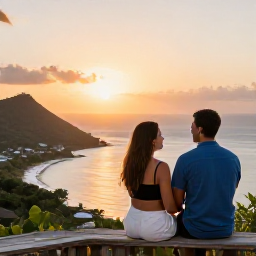 Caribbean Holidays, Antigua Couples Holidays, Couple enjoying a romantic sunset from a scenic viewpoint in Antigua, with the sea and coastline beyond