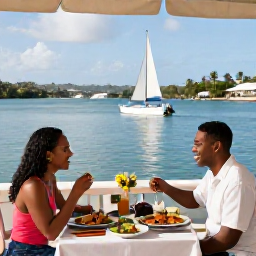 Caribbean Holidays, Antigua Couples Holidays, Couple enjoying a seafood lunch at a waterside restaurant in English Harbour, Antigua, with sailing boats and tropical scenery