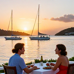 Caribbean Holidays, Antigua Couples Holidays, Couple enjoying a sunset dinner overlooking English Harbour in Antigua, with sailing boats and warm evening light