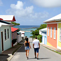 Caribbean Holidays, Antigua Couples Holidays, Couple exploring a historic Caribbean street near Nelson's Dockyard in Antigua, colourful buildings and harbour views