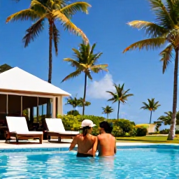 Caribbean Holidays, Antigua Couples Holidays, Couple relaxing beside a tropical hotel pool in Antigua with palm trees and bright blue sky