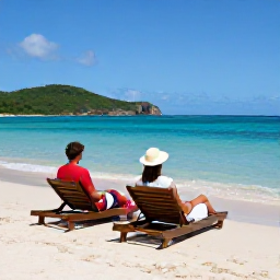 Caribbean Holidays, Antigua Couples Holidays, Couple relaxing on a peaceful Antigua beach with sun loungers, clear shallow water and green hills in the distance