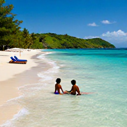 Caribbean Holidays, Antigua Couples Holidays, Couple relaxing on a secluded Antigua beach with clear shallow water, sun loungers and green hills in the distance