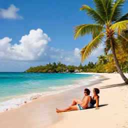 Caribbean Holidays, Antigua Couples Holidays, Couple relaxing on a secluded Antigua beach with turquoise water, palm trees and soft golden sand