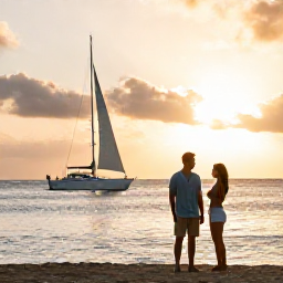 Caribbean Holidays, Antigua Couples Holidays, Couple sailing at sunset beside Antigua's coastline with warm golden light and calm Caribbean sea