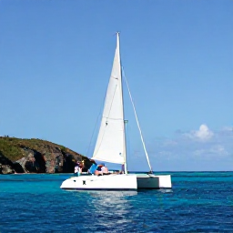 Caribbean Holidays, Antigua Couples Holidays, Couple sailing on a catamaran off the coast of Antigua in May, vivid blue sea, sails and rugged shoreline