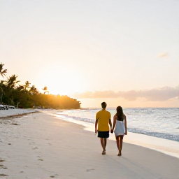 Caribbean Holidays, Antigua Couples Holidays, Couple walking hand in hand along a quiet white-sand beach in Antigua at sunrise