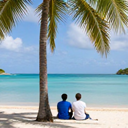 Caribbean Holidays, Antigua Couples Holidays, Happy couple on a peaceful Antigua holiday, sitting beneath palm trees beside a calm turquoise sea
