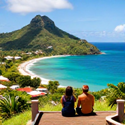 Caribbean Holidays, Antigua Couples Holidays, Panoramic view of Antigua coastline, green hills, turquoise bays and a couple enjoying the scenery from a viewpoint