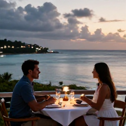 Caribbean Holidays, Antigua Couples Holidays, Romantic dinner for two at an open-air Antigua restaurant overlooking the Caribbean Sea at dusk