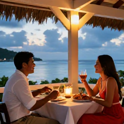 Caribbean Holidays, Antigua Couples Holidays, Romantic open-air restaurant in Antigua serving Caribbean seafood to a couple at a candlelit table