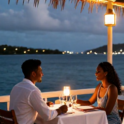 Caribbean Holidays, Antigua Couples Holidays, Romantic outdoor dinner for two at an Antigua waterfront restaurant under soft evening lights