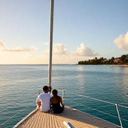 Caribbean Holidays, Antigua Couples Holidays, Romantic sailing boat near Antigua coastline at golden hour, couple seated on deck with calm turquoise water
