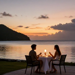 Caribbean Holidays, Antigua Couples Holidays, Romantic waterfront dinner for two in Antigua at sunset, softly lit table, calm sea and colourful evening sky
