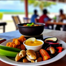 Caribbean Holidays, Antigua Culture Holidays, Traditional Antiguan food served at a relaxed local restaurant, including pepperpot, fungee, grilled seafood and fresh tropical ingredients