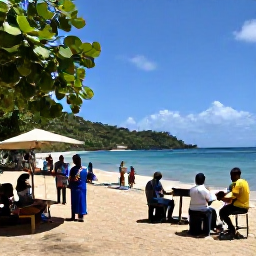Caribbean Holidays, Antigua Culture Holidays, Visitors enjoying a relaxed cultural day in Antigua, with local musicians, craft stalls and tropical scenery near the coast