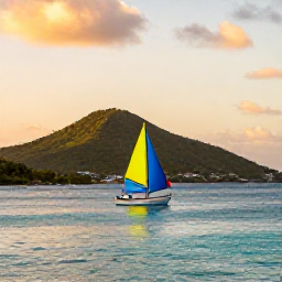 Caribbean Holidays, Antigua December Beaches, A colourful sailing boat passing Antigua's coastline at sunset, with green hills, calm turquoise sea and warm evening light