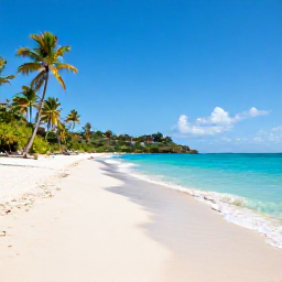 Caribbean Holidays, Antigua December Beaches, A wide white-sand beach on Antigua with turquoise Caribbean water, palm trees and bright December sunshine