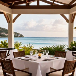 Caribbean Holidays, Antigua December Beaches, An elegant beachfront restaurant in Antigua serving a relaxed December dinner, with tropical plants and the Caribbean sea beyond