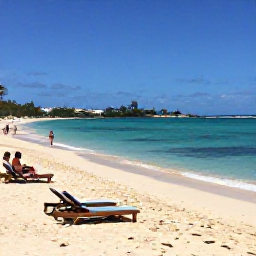 Caribbean Holidays, Antigua December Beaches, Visitors relaxing on a calm Antigua beach in December, with sun loungers, clear shallow water and gentle waves