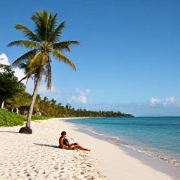 Caribbean Holidays, Antigua December Holidays, A bright December morning on a white sandy beach in Antigua, with calm turquoise water, palm trees and a relaxed couple by the shore