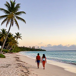 Caribbean Holidays, Antigua December Holidays, A couple walking along a quiet white-sand beach in Antigua at sunset, Caribbean sea and palm trees