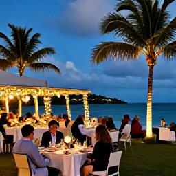 Caribbean Holidays, Antigua December Holidays, A festive Christmas evening at an Antigua beachfront resort, with palm trees, warm lights, a decorated dining area and guests enjoying a meal beside the sea