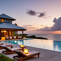 Caribbean Holidays, Antigua December Holidays, An elegant all-inclusive resort in Antigua at sunset, with a pool overlooking the Caribbean Sea, loungers and softly lit outdoor dining