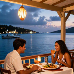 Caribbean Holidays, Antigua December Holidays, Couple dining at a waterside restaurant in Antigua at dusk, local Caribbean food, lanterns and harbour views