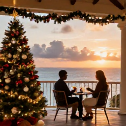 Caribbean Holidays, Antigua December Holidays, Romantic Antigua resort terrace decorated for Christmas, couple enjoying a sunset drink overlooking the Caribbean Sea